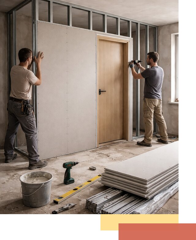 Перегородка из гипсокартона с дверью под ключ в Балашихе