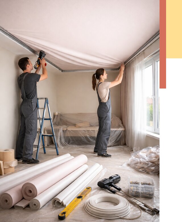 Монтаж цветного натяжного потолка в Балашихе от 4306 руб/м² — быстро и недорого | ОТДЕЛОЧНИК-Блш