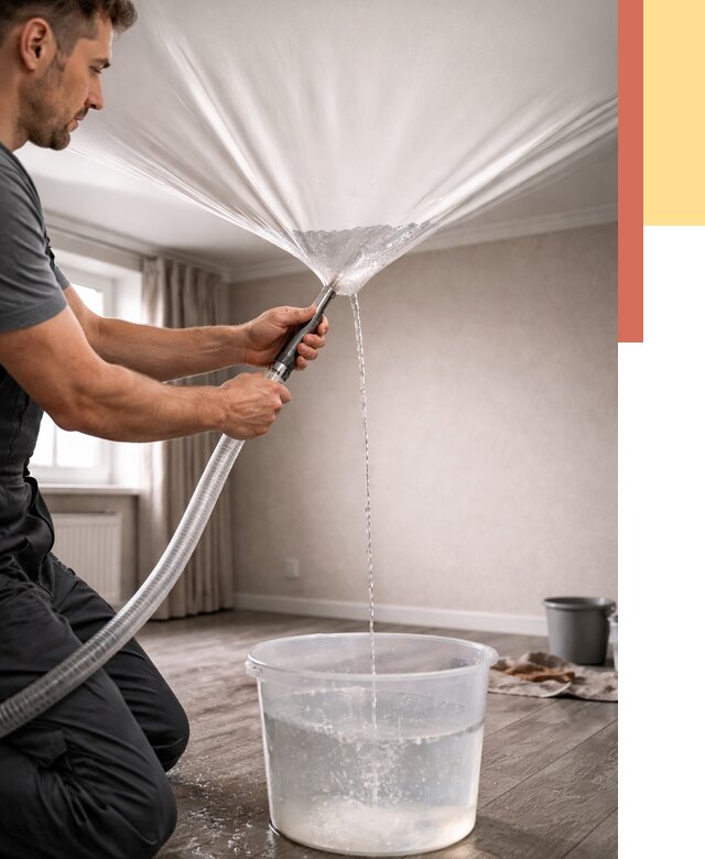 Слив воды с натяжного потолка в Балашихе от 2563 руб. быстро и недорого | ОТДЕЛОЧНИК-Блш